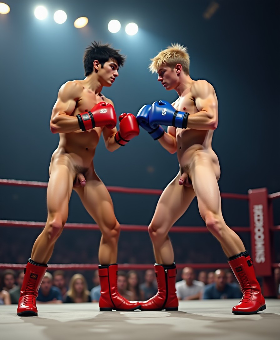 In front of a large audience two slender 18yo boxers fight in the ring. They are both totally naked. One has short blond hair and blue gloves and blue boots. The other has messy black hair and red gloves and red boots. They both have medium erections.