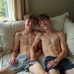 Two boys, twinks, very 18-year-old looking boys, shirtless, wearing only soccer shorts, play, tickling, lying on bed. They are happy and smiling.