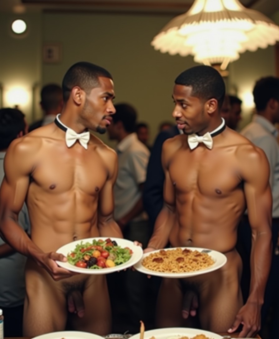 In the crowded restaurant two pretty skinny naked young Sudanese men have huge erections pointing upwards. Both men are wearing white bow ties and are carrying food platters.