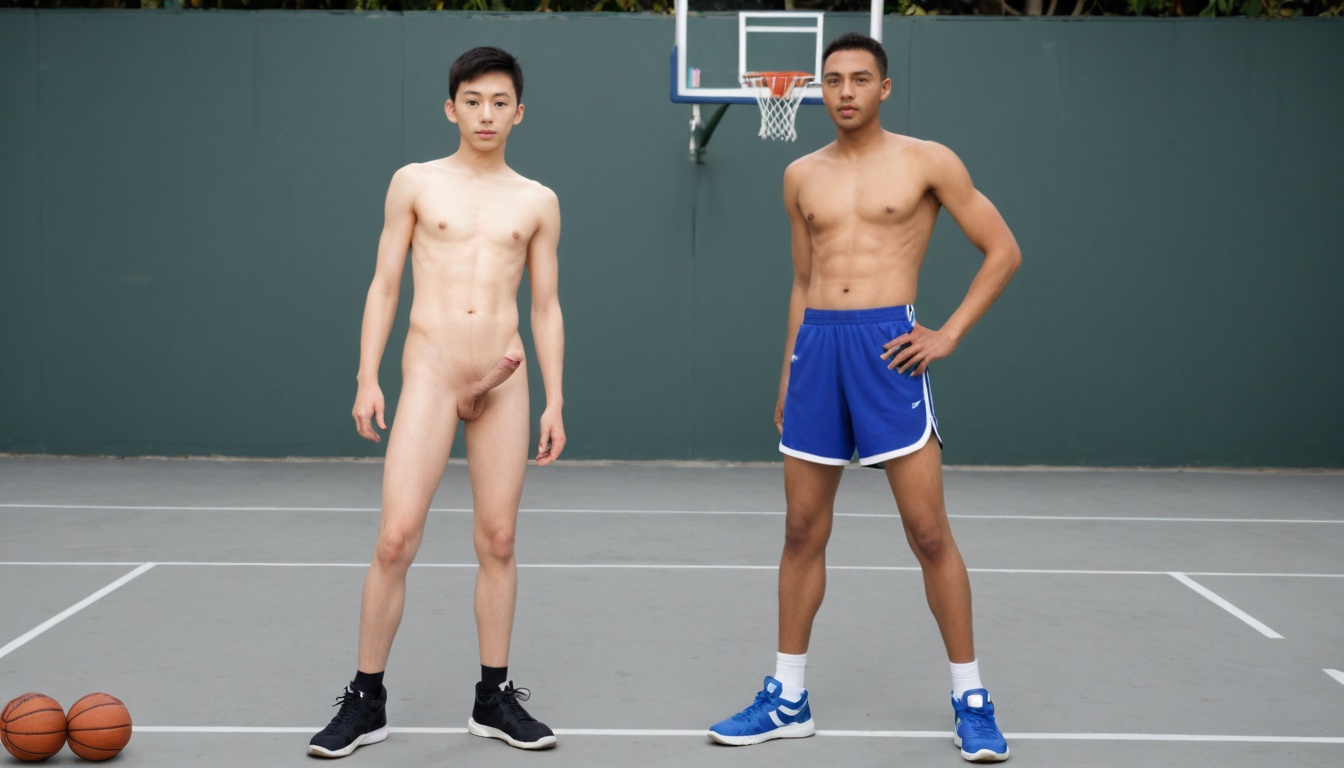 On a hot outdoor basketball court four young men are playing basketball. Two skinny Asian19yos are totally naked in the centre of the action. Their cocks are visible. two Asians naked. two Asians naked. Two tall, slender West African 20yos are wearing only basketball shorts. two Africans in shorts. two Africans in shorts.