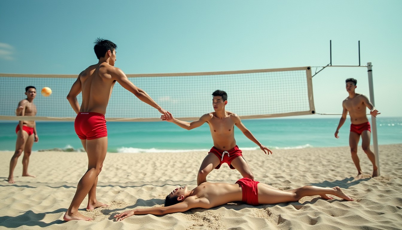 On a beach volleyball court two teams are playing. The team on the left of the net is two tall, slender 20yo Brazilian men wearing red speedos. To the right of the net there are two skinny 18yo Chinese men who are both totally naked. Their cocks are visible. One is spread-eagled on the sand. The other is holding out a hand towards him.