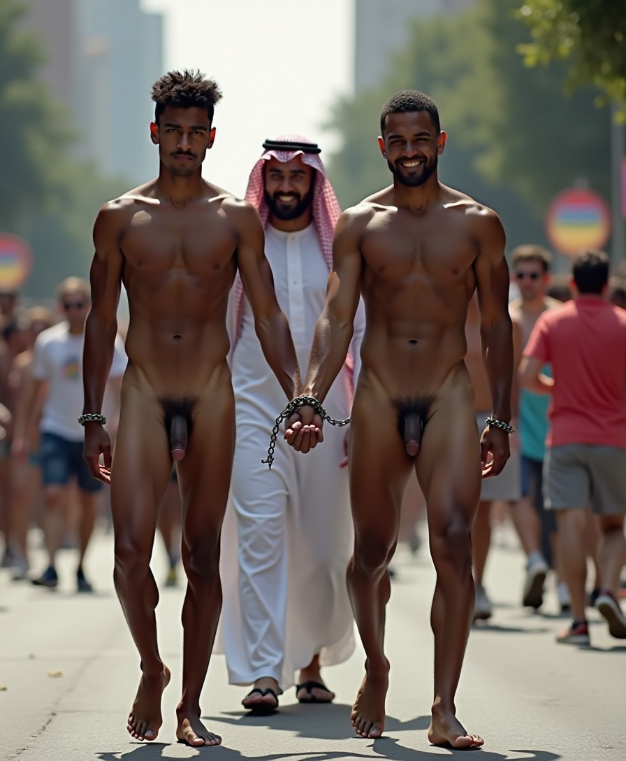 Two skinny, pretty, very dark-skinned, naked twinks are walking in a gay pride parade. The right hand of one is cuffed to the left hand of the other. Their other hands are chained to their ankles. Walking beside them is an older Arabian man wearring a Middle Eastern robe.