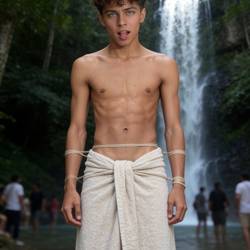 A slim twink, a balanced boyish look, a lean slender body, warm tan Latino skin, a happy trail, brown hair, soft curly hair, pale grey eyes, a heavy prominent bulge, wearing only a loose towel, standing confidently, into light bondage, biting his lip, flushed and tensed right on the edge of climax, daringly exposed in a public spot, blurred passersby in the background, by a secluded forest waterfall, seen from the front