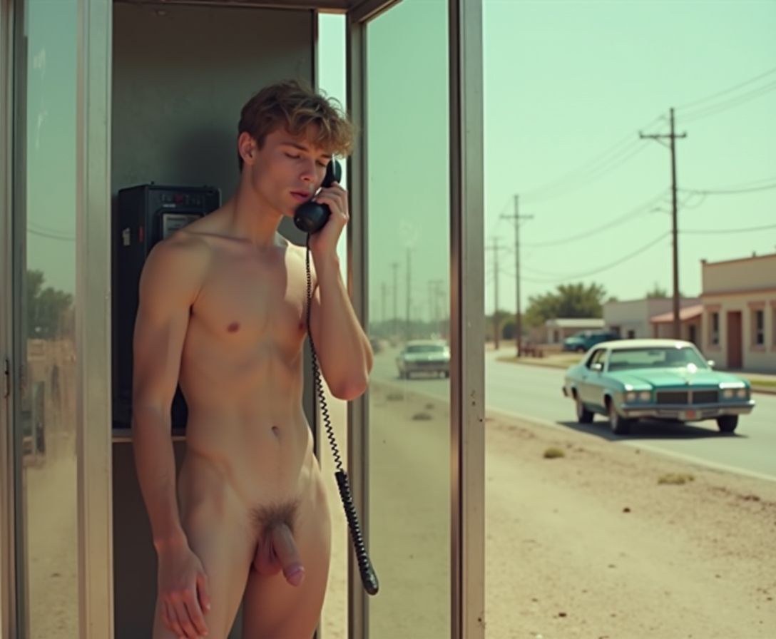 An image set in the 1970s. A smooth slim naked young twink with a giant enormous cock long thick cock dong is in a glass phone booth on the side of a dusty road talking on a corded payphone as 1970's style cars wizz by in the background.