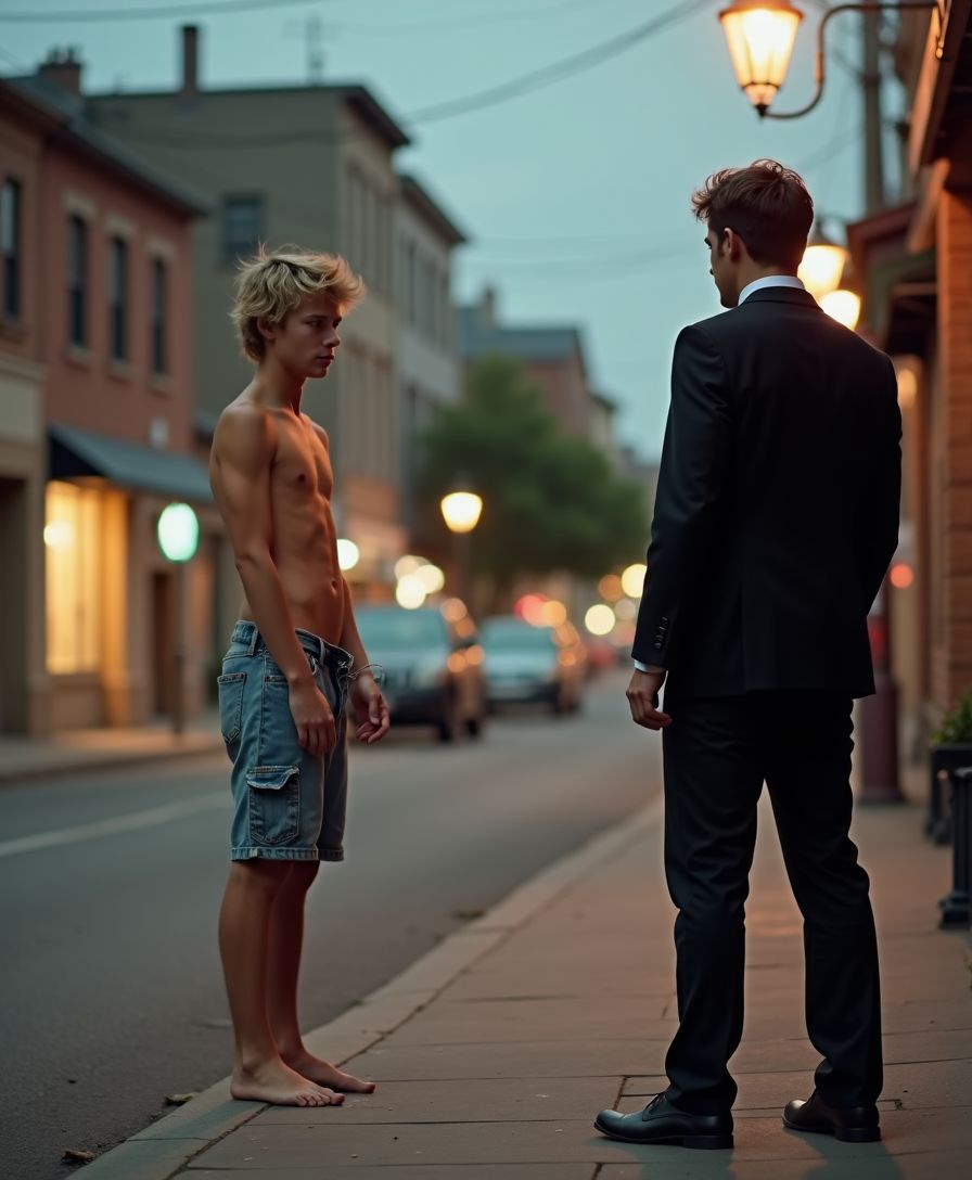 Snap a gritty, candid portrait of a lean, 100lb twink with shaggy hair, worn cutoff shorts, and bare feet, streetside at dusk, vulnerable yet defiant, selling his youth and desperation. A man in a suit approaching