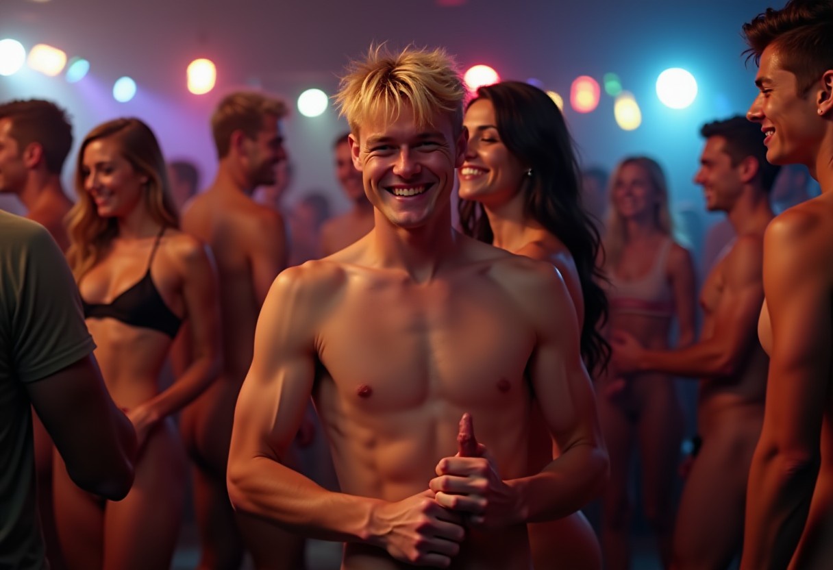 Several young couples are dancing together dressed in modern clothes at the nightclub. At the front, there are two slender, totally naked, 20yo men with shaggy blond hair and large cocks. The females dancing with them are fully clothed.