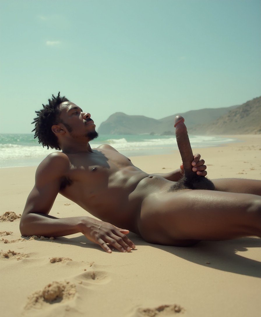 On a desert island two tall, slender 18yo Nubian men lie on their backs on the beach. They are totally naked with large erect cocks. Their bodies are wet with sweat.