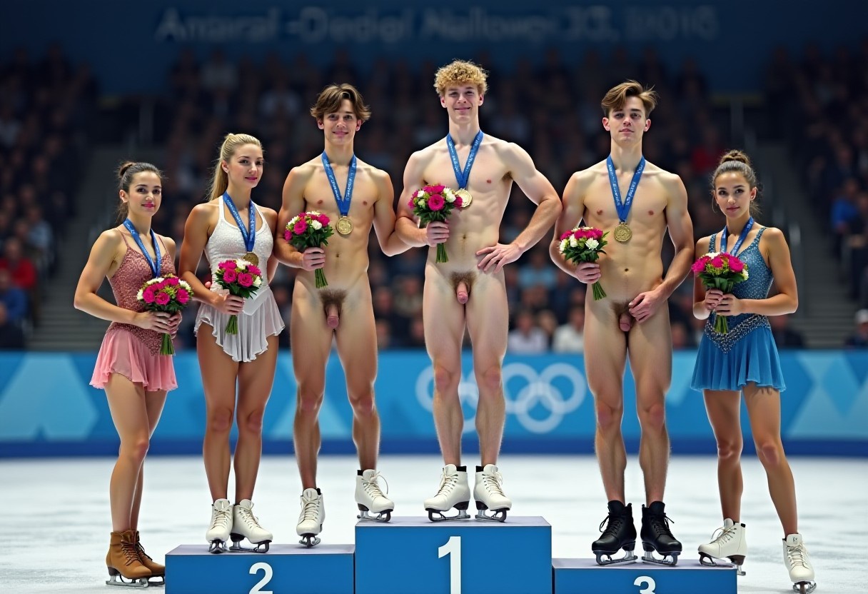 Victory dais at the Winter Olympis for the Ice Dance competition. We see the three winning couples with their medals and boquets of flowers. The three women are dressed in beautful sequines dresses. The three men are totally naked with large erections.