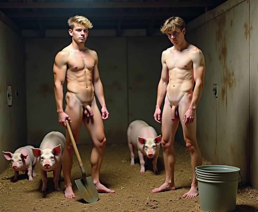In a large pig pen two totally naked squires are working. The first squire is a tall, slender 20yo Englishman with a large boner clearly visible. He is holding a shovel. The second squire is a short, skinny 18yo Englishman with a large boner clearly visible. He is standing beside a bucket. There are three pigs in the pen. The ground is covered in shit and straw.