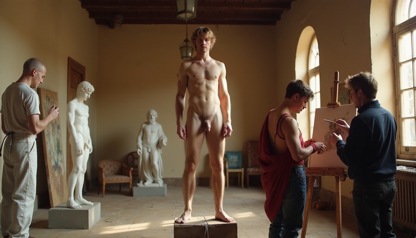 In a sprawling Renaissance Arts Academy, a tall, slender 18-year-old model with long, wavy blond hair stands nude on a pedestal, his toned body taut as two sculptors in white smocks meticulously chisel a life-size statue, the warm afternoon light streaming through the arched windows casting long shadows. To the right, a slender 19-year-old model with darker skin poses gracefully for three artists in vibrant Renaissance attire, their brushes dancing across canvas, capturing his every curve as the flickering candlelight creates a sensual glow, highlighting the sweat glistening on his skin.