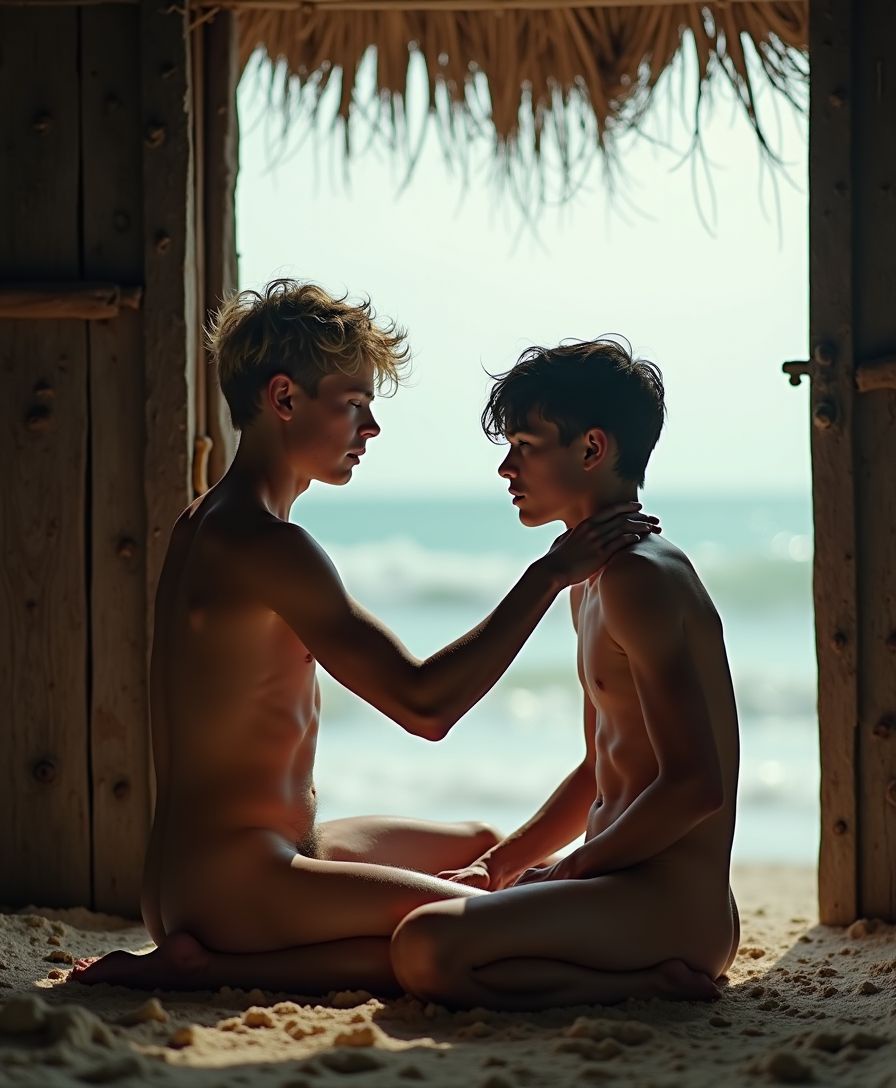 two sun-kissed, slim, small and naked, 18-year-old boys- a blonde with shoulder-length hair and a dark-haired counterpart - in a weathered island hut. The blonde, on his knees, orally pleases the other, their rain-kissed skin and tousled hair glistening, as stormy ocean waves crash visible through the hut's entrance.
