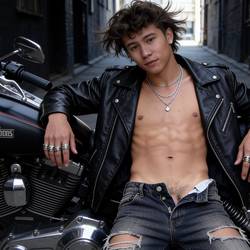 Ein Motorrad, eine Harley-Davidson, geparkt in einer dunklen Gasse. Lässig an das Motorrad gelehnt ein Twink, 20 Jahre alt, Lederjacke auf seinem nackten Torso, eine zerrissene Jeans, der Bund der Jeans gelockert, der erste Knopf geöffnet, die Jeans sitzt tief auf den Hüften, keine Unterwäsche, man sieht deutlich seine Schamhaare, Piercings der Brustnippel, zwei silberne Halsketten, die Finger seiner Hände mit verschiedenen Ringen geschmückt, seine Haare vom Fahrtwind zerzaust, er schaut lasziv und aufreizend in die Kamera.