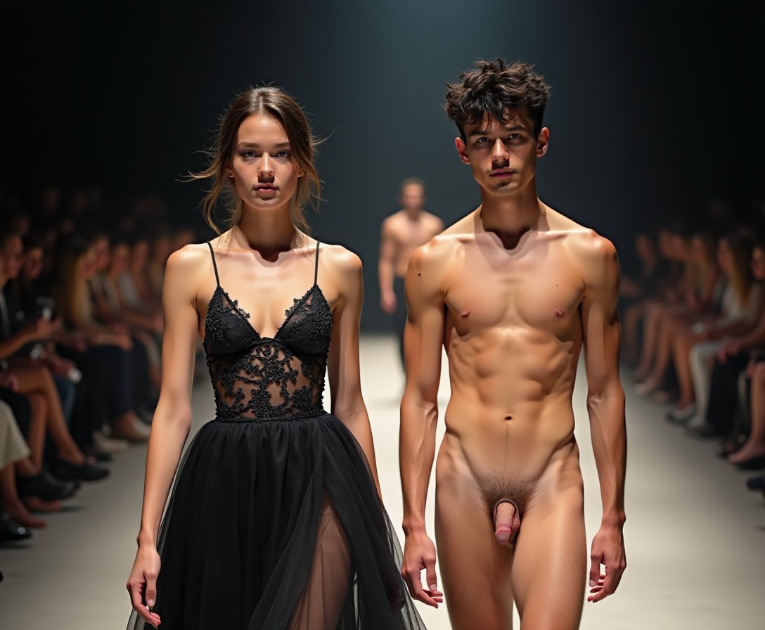 At the fashion show two elegant young women in ball gowns are on the catwalk. Beside each woman is a tall. slender totally naked 20yo man with messy, short black hair.