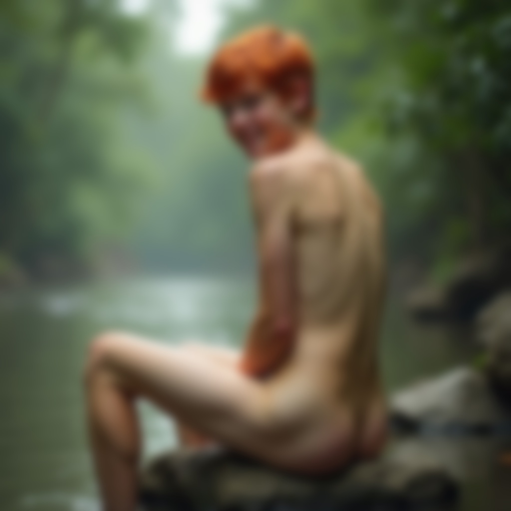 A seductive cute ginger twink with short hair and pale skin is sitting on a  solitary