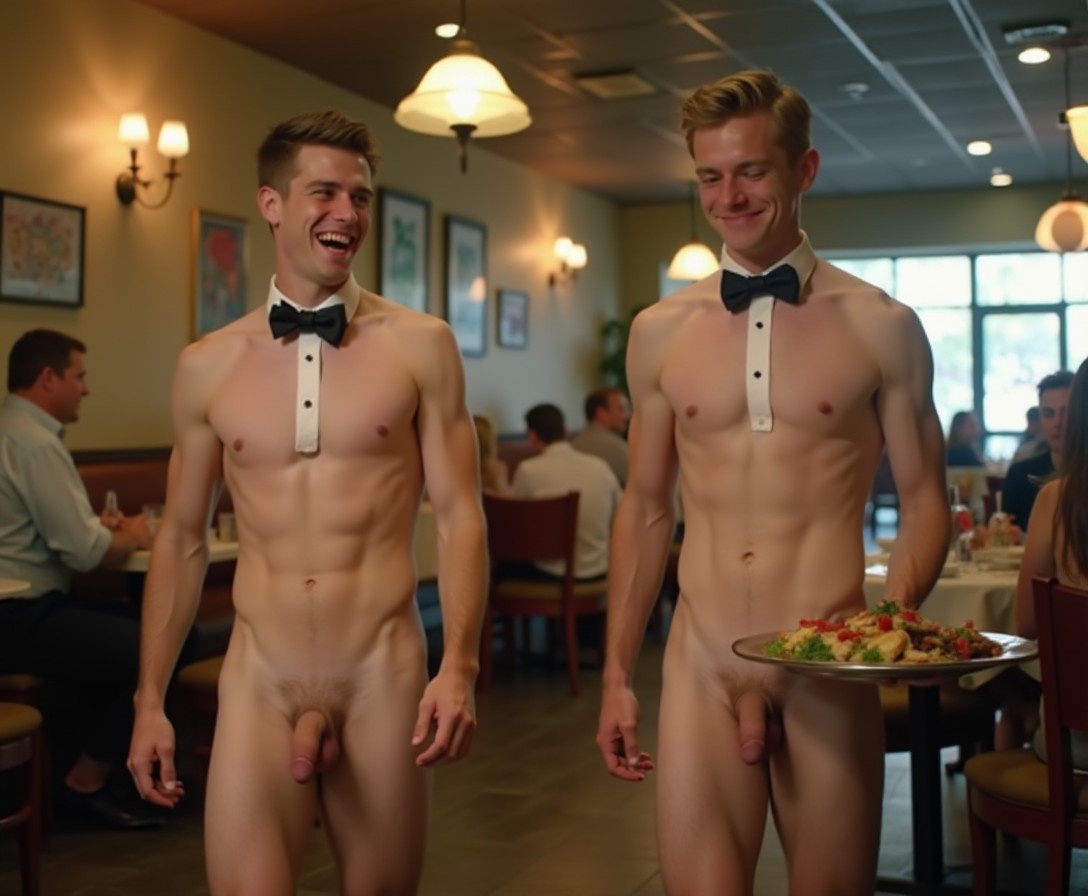 In the crowded restaurant two pretty skinny naked young men have huge erections pointing upwards. The men are wearing black bow ties. One man carries a food platter and the other carries a tray of drinks.