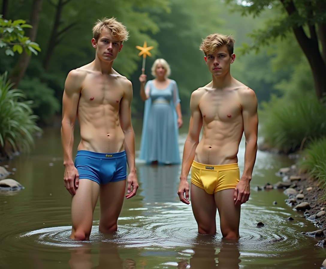 Two handsome, skinny 18yo men stand knee-deep in a creek. They are full frontal naked wearing only a blue speedo and a yellow speedo. Beside them stands their fully clothed fairy godmother holding a magic wand.