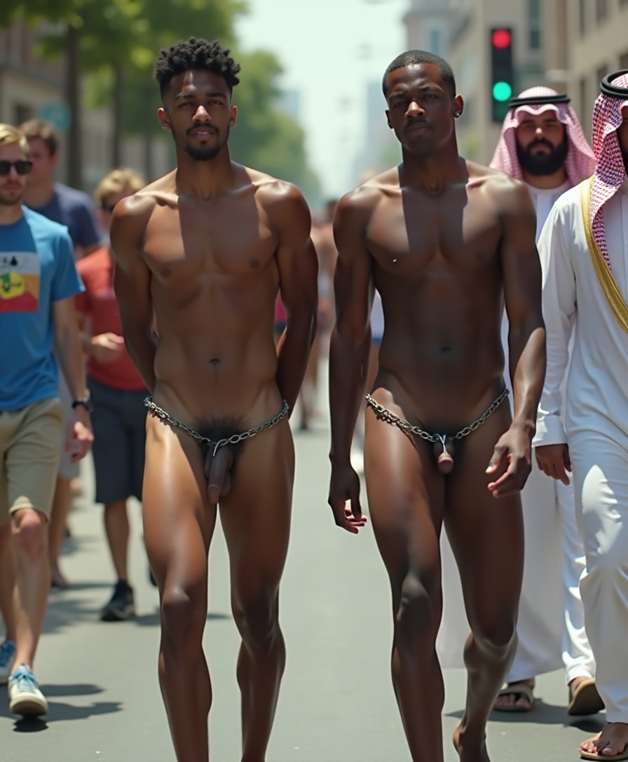 Two skinny pretty naked young  black men are walking in a gay pride parade. The two men have their hands behind their backs. Their ankles are shackled together by chains. Walking beside them is an older Arabian man wearring a Middle Eastern robe.