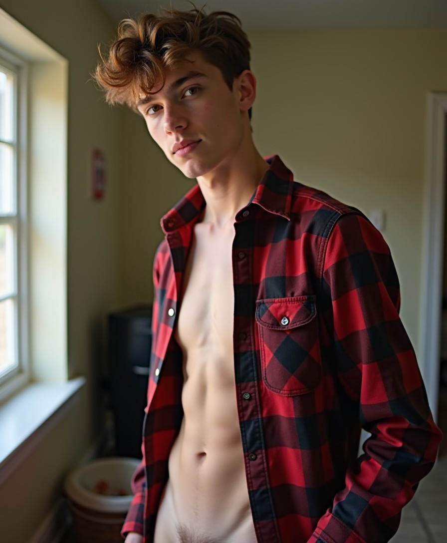 Full-body shot of a brown-haired twink from behind. He is wearing only lumberjack shirt. His bare butt is visible. Hes got a neutral facial expression while looking at the camera over his shoulders.