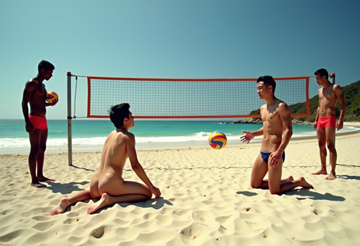 We see a beach volleyball court from the end. In front of the net there are two skinny 18yo Asian men who are both totally naked, full frontal. One is on his knees. The second is standing and holding out a hand towards the other. Behind the net there are two tall, slender 20yo dark-skinned men wearing red speedos. One is holding a volleyball.